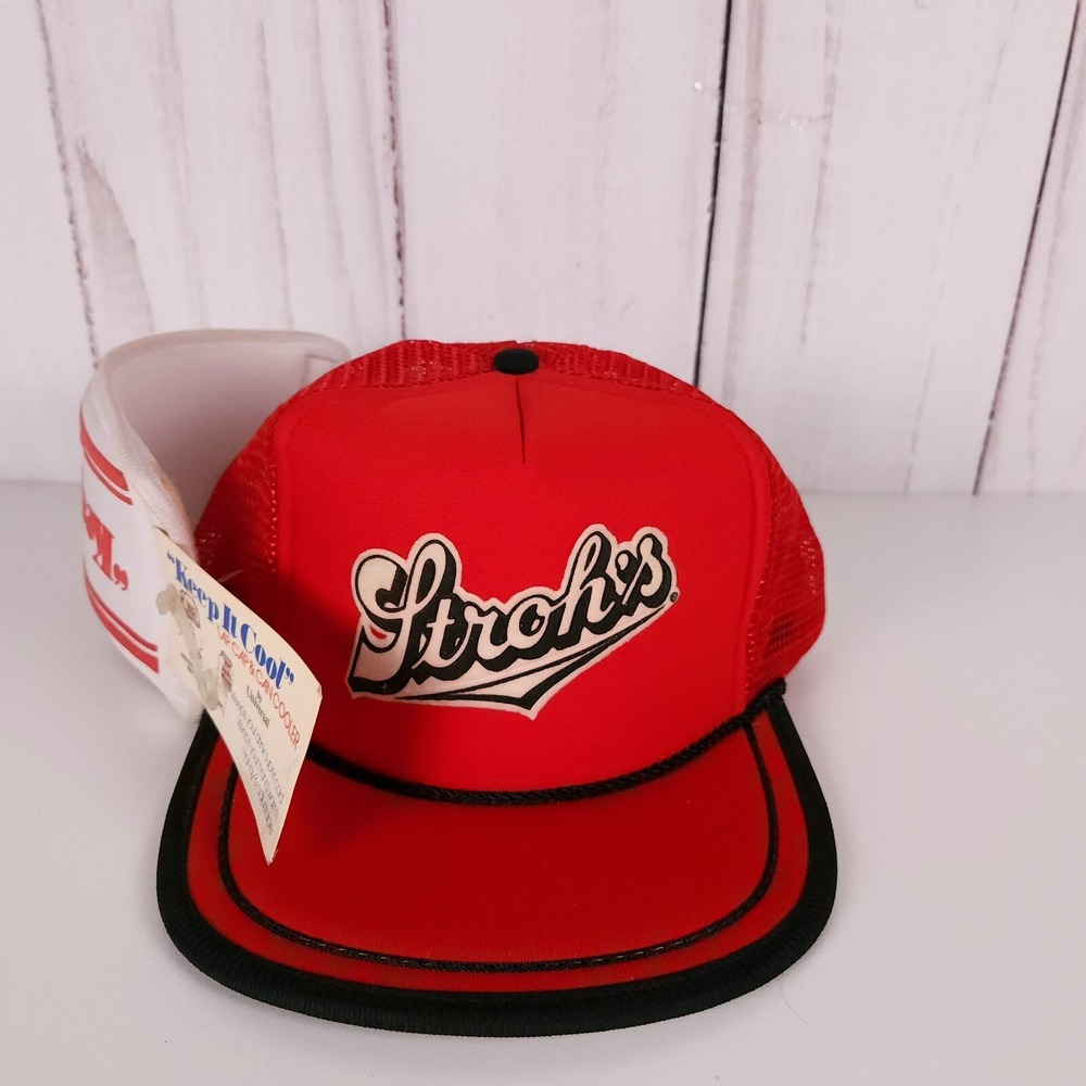 Vintage 1980s Stroh's Beer Mesh Snapback Red Trucker Hat Tap Caps NOS with Coozy